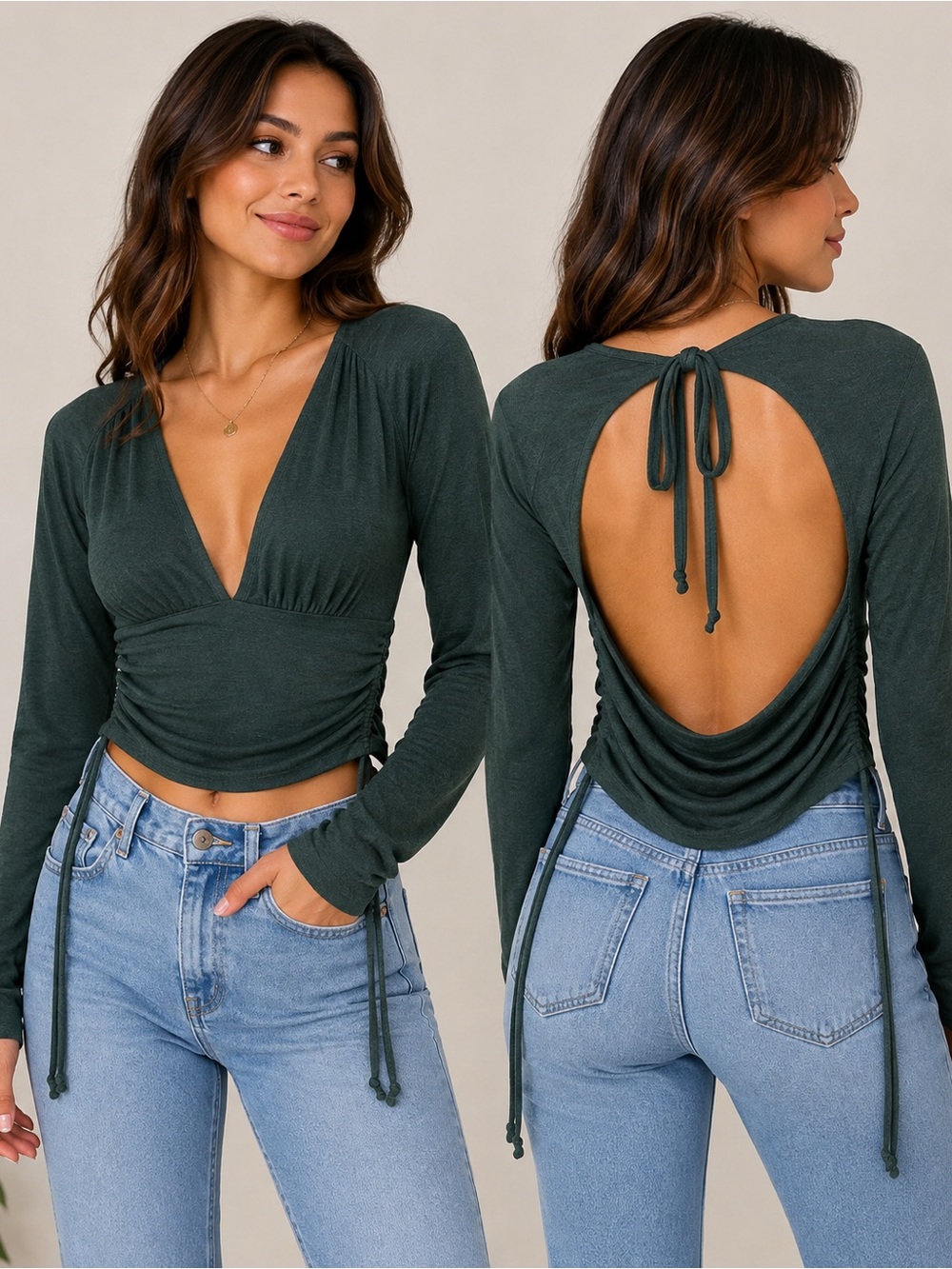 12th Tribe Green Open Back Cowl Ruched Long Sleeve Crop Top Size S NWT